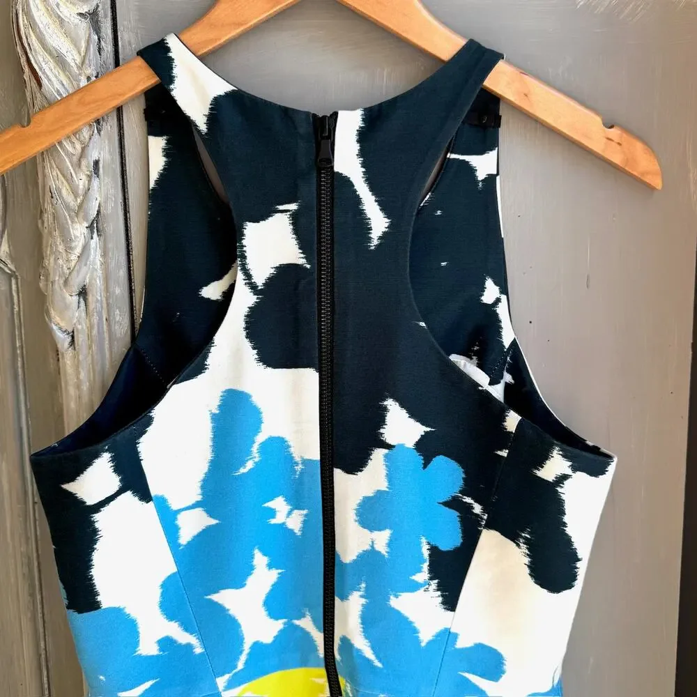 Milly Floral Split Neck Racerback Pleated Minidress Blue Yellow Size 6 - Picture 6 of 16